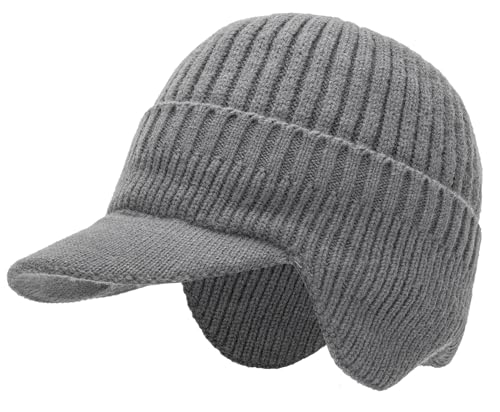 Men Earflap Beanie Knitted Lined Skullies Baseball Cap Windproof Neck Warmer - color: Grey