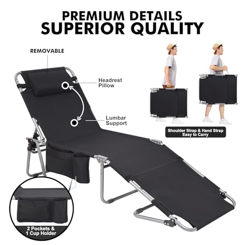 Tanning Chair with Sun Canopy Face Hole Softer Padded Adjustable Washable, Heavy Duty Layout Folding Lounge Chair for Adults Outside Beach Reading Sunbathing Poolside Lawn, UPF 50+ Sun Shade, 300 LBS - color: Black, size: Standard Size