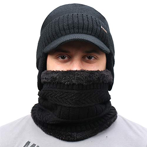 Winter Beanie w/Visor & Earflaps for Men Outdoor Fleece Hat Scarf Set - color: Beanie+scarf Black