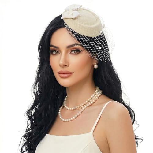 Fascinator Hat for Women Veil Fascinators Tea Party Wedding Retro Pillbox Hats for Cocktail Dresses Accessories - color: Ivory