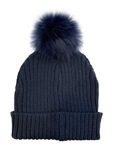 Women's Slouchy Winter Beanie Hat with Removable Faux Fur Pom - color: Navy/Navy Pom