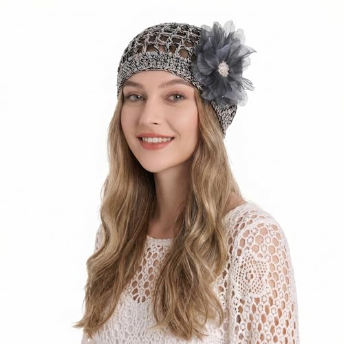 ZLYC Women Crochet Beanie Hat Summer Handmade Knit Decorated Skull Cap - color: Floral Black
