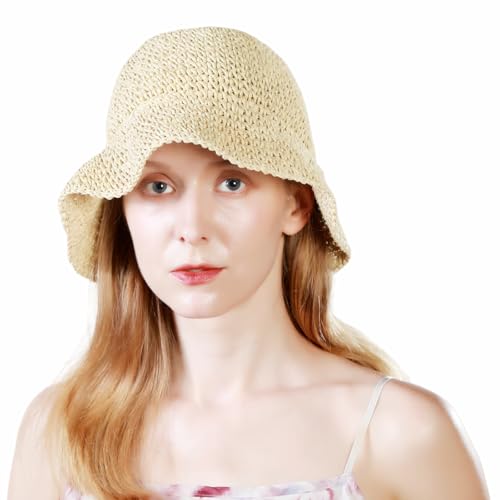 Floppy Straw Sun Hat Foldable Hand-Woven Crochet Straw Hats Outdoor Summer Beach Headwear for Women Girl Beige