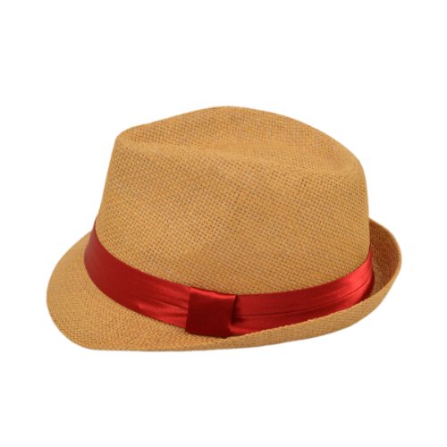 Classic Tan Fedora Straw Hat with Ribbon Band - Diff Color Band Avail - color: Burgundy Band