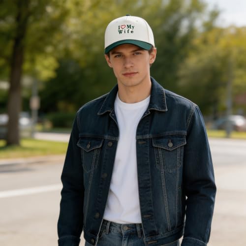 Funny Embroidered Trucker Hat, Vintage Two-Tone Cotton Baseball Cap for Men Women, Adjustable Dad Hat Gift Idea - color: I Love My Wife Heart, Dark Green/Beige