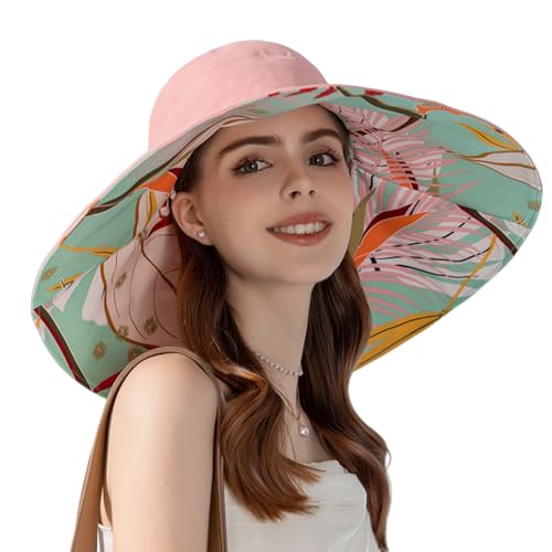Women Summer Rain UV UPF 50 Sun Protection Wide Brim Hat - Foldable Bucket Sun Hat - color: Pink Floral Print (Double-sided)