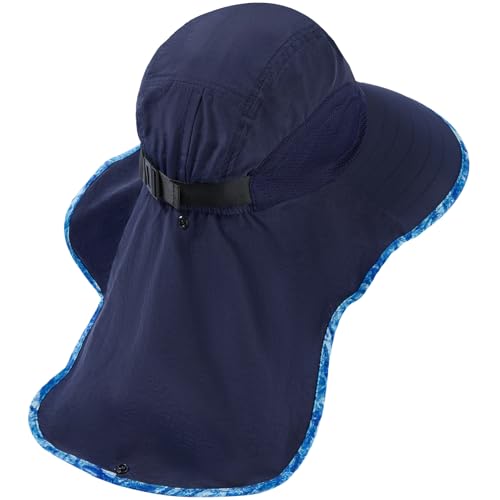 BASSDASH UPF 50+ Unisex Water Resistant Wide Brim Sun Hat with Large Neck Flap Ponytail Fishing Hat for Men Women - color: Navy Blue/Ripple