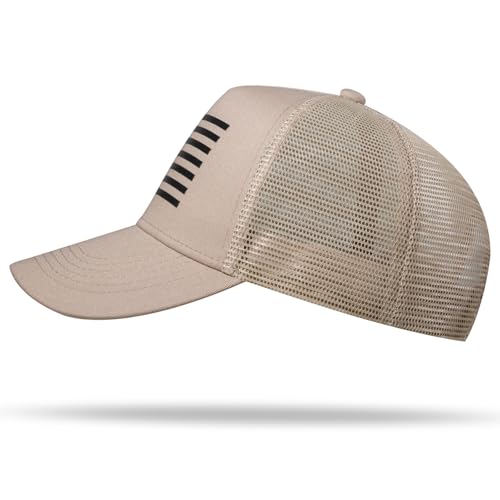 American Flag Trucker Hat - Snapback Hat, Baseball Cap for Men Women - Breathable Mesh Side, Adjustable Fit - for Casual Wear - color: Khaki