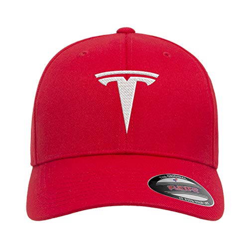 Electric Car Motor T Model 3 Model S Car Fitted Embroidered Hat Baseball Cap - color: Red Curved/White Logo, size: Large-X-Large