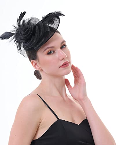 Fascinator Hat with Feather and Mesh – Floral Headpiece for Tea Party, Wedding, Cocktail Event - color: Black
