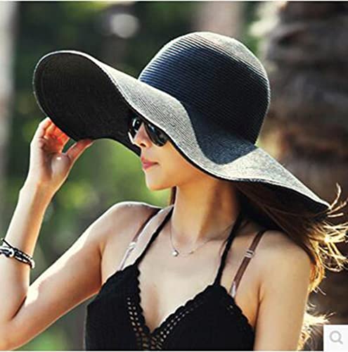 Big Beach Hats for Women Foldable Summer Wide Brim Packable Oversized Sun Hat Lady Girl Travel Straw Cap - color: Black