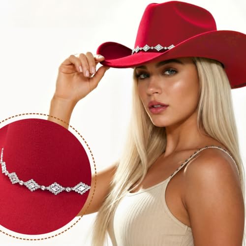 DRESHOW Women's Western Cowboy Hat Rhinestone Cowboy Cowgirl Hat Glitter Wide Brim Felt Fedora Hats Unisex Rolled up Caps - color: 1 Pack Style 11: Red