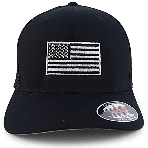 Armycrew XXL Oversize USA American Flag Embroidered Flex Fitted Mesh Back Baseball Cap - color: Black