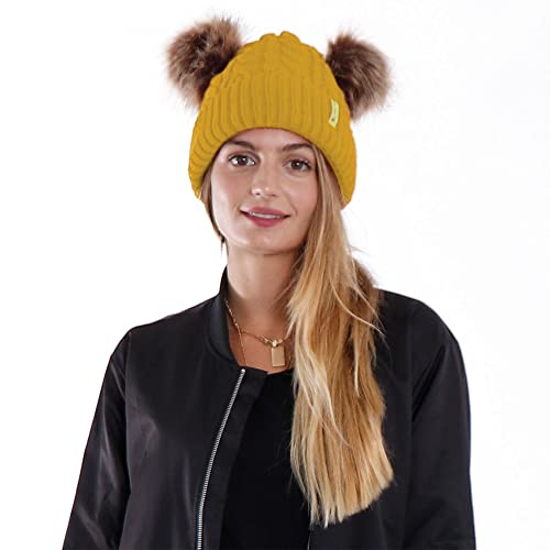 Arctic Paw Pom Pom Beanie Cable Knit Fleece Lined Winter Beanie Women Hat - color: Yellow_twist