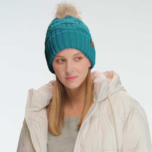 C.C Knit Beanie Hat – Fuzzy Fleece Lined Warm Winter Hat, Faux Fur Pom Soft Stretchy Slouchy Knit Cap, Cold Weather Beanie - color: Teal Blue