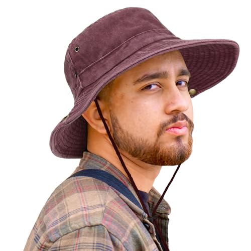 Unisex Cotton Boonie Hat Summer Fishing Bucket Hat Sun Hat with String - color: Retro Burgundy
