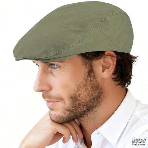 Classic Solid Flat Cap Newsboy Hats for Men Retro Cabbie Driving Adjustable - color: C06 Army Green With Mesh Lining