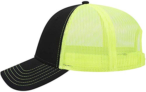 Ashen Fane 6 Panel Low Profile Contrast Vertical Mesh Back Snapback Hat - color: Blk/Blk/N.ylw