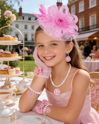 Girls Tea Party Fascinators Hats Girls Church Hats 20s 50s Pillbox Hat Cocktail Mesh Flower Pearl Feather Headband - color: Pink