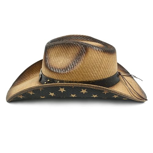 FLUFFY SENSE. Straw Cowboy Hat for Women and Men – Western Sun Hat for Country Concert, Rodeo and Cowgirl Outfits - color: Rustic Brown Eagle Star