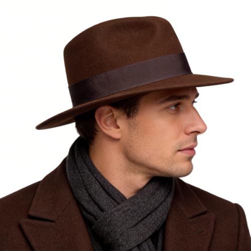 Ruphedy Wool Fedora Hats for Men Women Wide Brim Felt Panama Hat - color: Brown, size: Large