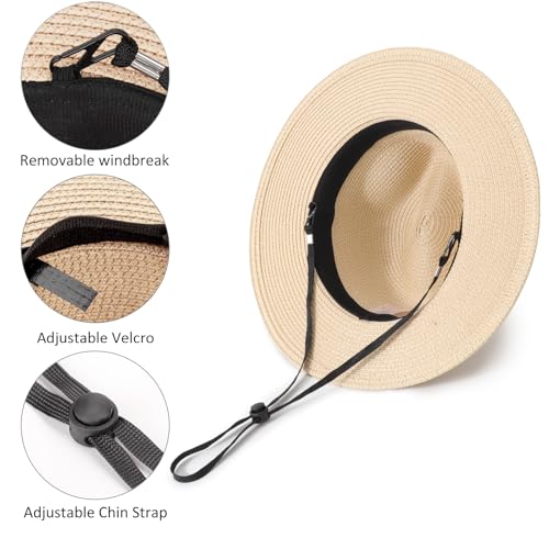DRESHOW Women Straw Panama Hat Travel Fedora Beach Sun Hat Summer Wide Brim Straw Roll up Hats UPF 50+ - color: Fedora Beige