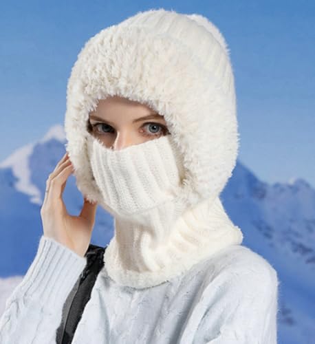 Womens Knit Beanie Hat Fleece Lined Winter Scarf Mask Set Snow Caps Plush Earmuff Skull Hats with Pompom - color: Pink
