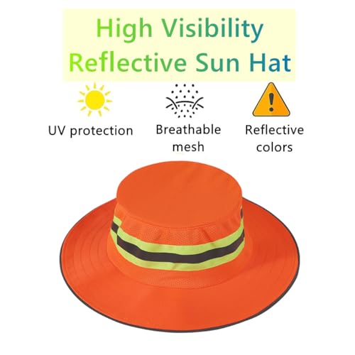 High Visibility Reflective Sun Hat Mesh Work Safety Boonie Hat UPF50+ Wide Brim Bucket Cap for Outdoor Hiking Men Women - color: Orange