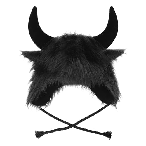 XGOPTS Winter Faux Fur Plush Hat with Horns Warm Animal Horn Ox Earflap Hat - color: Black