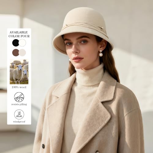 Women Cloche Felt Hat Winter Wool Bucket Hat Vintage Fedora Bowler Hat - color: 1-khaki
