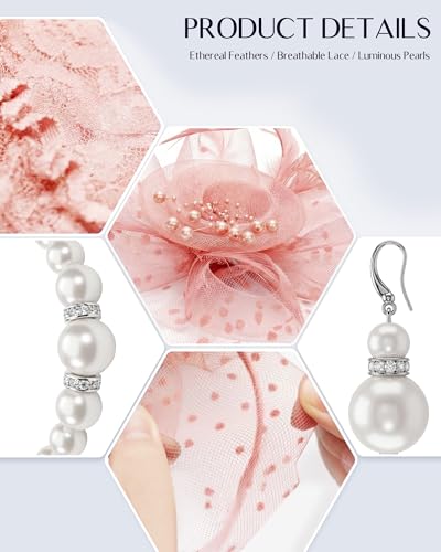 Fascinators Hat for Women Tea Party Fascinator Headband with Gloves Tea Party Accessories for Ladies - color: Blush Pink