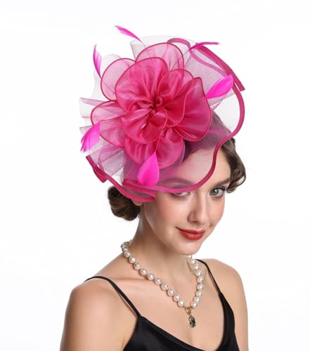 Women's Organza Church Vintage Wedding Fascinator Tea Party Wedding Hat Summer - color: Hj2-fuschia