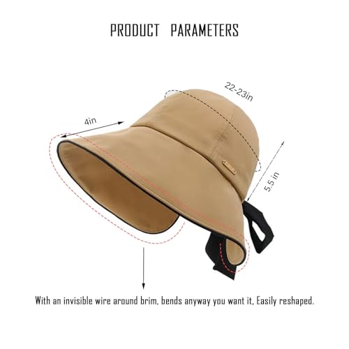 Wide Brim Hats for Woman Foldable Hats Sun Hats for Women uv Protection Bowknot Bucket hat Adjustable hat with Ponytail Hole - color: Khaki