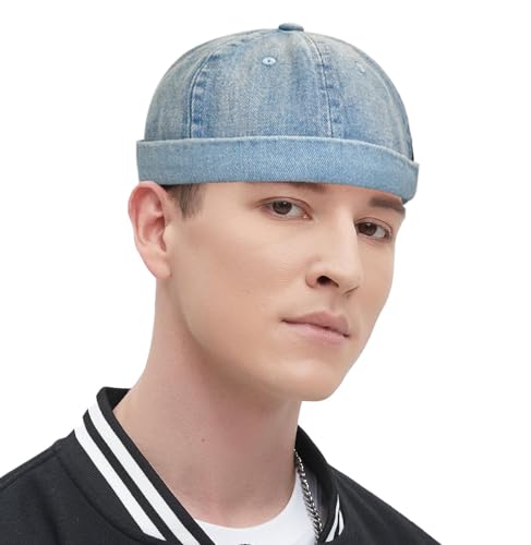 Classic Denim Skull Cap for Men Adjustable Brimless Beanie Hat for Everyday Casual Wear - color: Light Blue