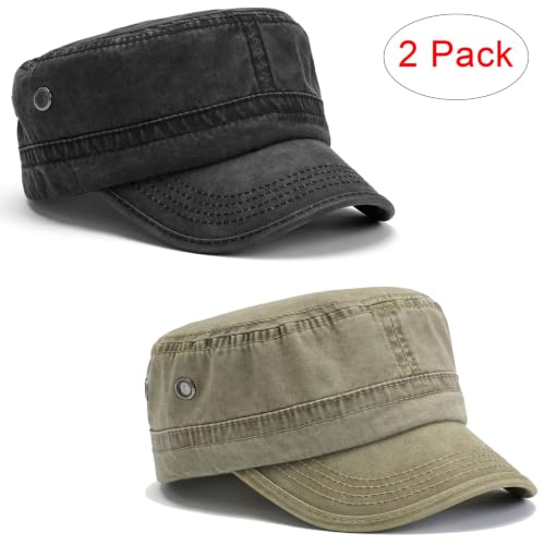 2 Pack Military Caps for Men Women, Washed Cotton Cadet Army Hats - color: Black+khaki