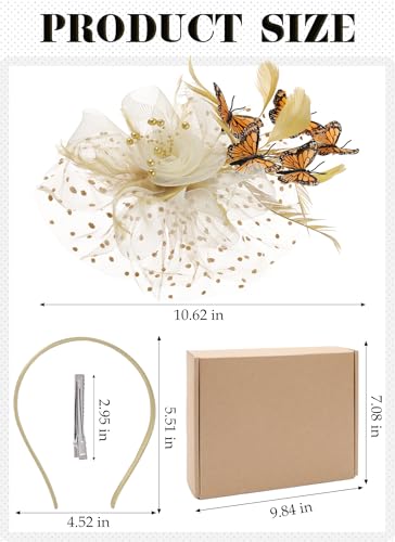 Zinniday Butterfly Derby Hat 2025 - Classic Tea Party Hats with Hair Clip, 1920s 50s Fascinators for Lady Woman - color: Gold White