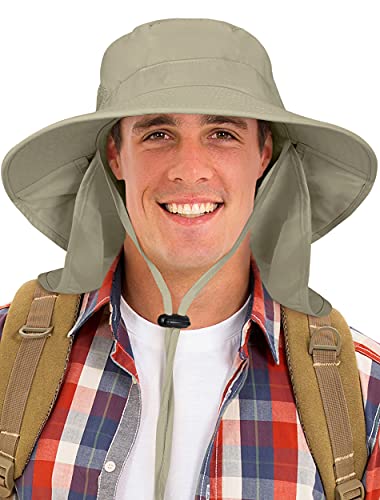 Catalonia Sun Hat for Men,Outdoor Wide Brim Hat with Neck Flap Cover for Fishing Hiking Safari Gardening - color: Olive / Side Mesh