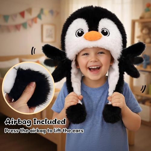 Moving Ear Hat, Soft Funny Animal Hats Jumping Beating Plush Caps Holiday Cosplay Dress Up Gift for Adult - style: Penguin_orange