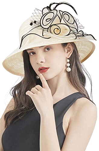Organza Fascinator Hat - Women’s Wide Brim Church Bridal Tea Party Wedding Hat - color: 03-beige,black