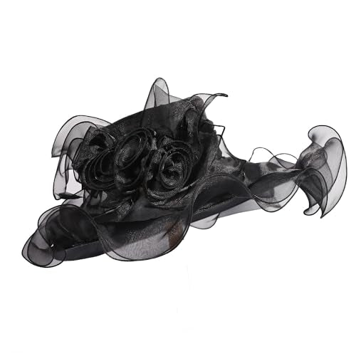 Women Oganza Sun Hat Church Wide Brim Wedding Formal Fascinator Hat - color: Black
