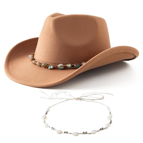 Jastore Western Cowboy Hat for Kids Girl Boy Classic Fedora Hat Felt Cowgirls Hats with Two Decorative Bands - color: Khaki, size: 4-6 Years
