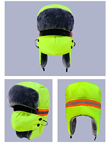 Mens Winter Thermal Trapper Hat Russian Ushanka Ski Hunting Dad Cap Ear Flaps Motorcycle Cycling Mask Women Warm Fur Snow Hat - color: 3-in-1 Green, With Reflective Strip