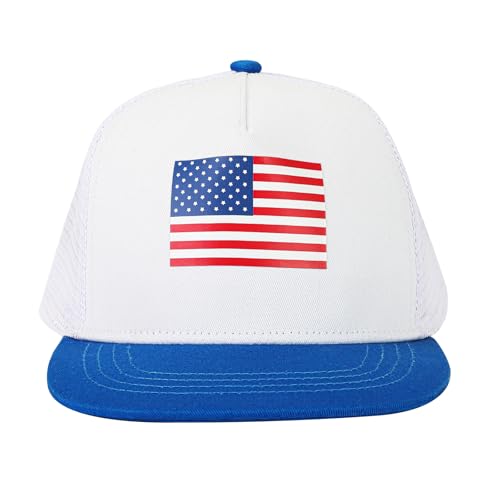 BROMZ Kids Youth American Flag Trucker Hat Flat Bill, Breathable Mesh Back Snapback Baseball Cap for Boys Girls 5-15 Years - color: White/Blue/Us Flag
