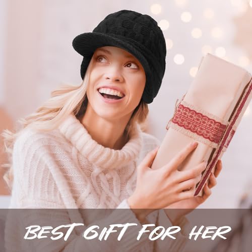 Jenaai Winter Beanie with Brim and Earflap for Woman Outdoor Warm Thermal Knitted Hat for Women Men Cold Weather - color: Black