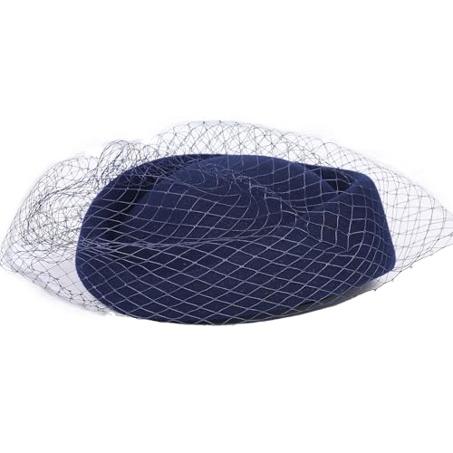 Wool Felt Vintage Beret Wedding Top Hats for Women Elegant Church Fedoras with Veil Ladies Cap Autumn Winter - color: Navy Blue