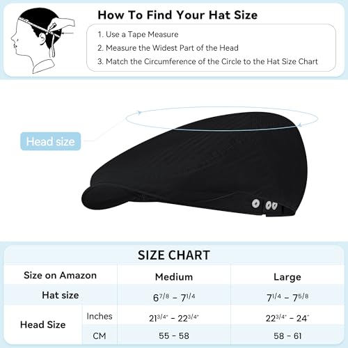 Men's Newsboy Flat Cap 100% Cotton Gatsby Ivy Golf Cabbie Hunting Summer Hat - color: Black, size: Large