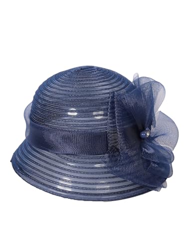Kentucky Fascinators Hat with Flower Veil Wedding Pillbox Hats Pearl Rhinestone Women Cocktail Fedoras Derby Cap - color: Navy