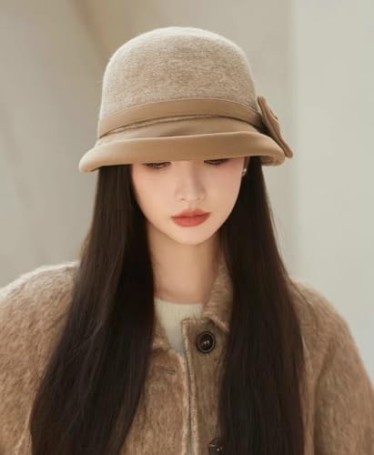 Classic Felt Fedora Hat for Women 2026 Fall Winter Soft Elegant Bow Bucket Hat Cozy Short Brim Cap 2026 - color: Khaki