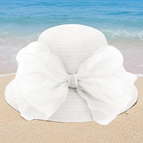 Haoohu Women's Church Derby Hat Wide Brim Bow Bucket Hat Wedding Dress Hat Fascinator Bridal Tea Party Hat - color: White