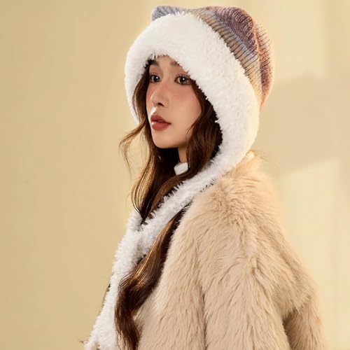 HUAMULAN Women Winter Sherpa Knit Beanie Hat Fleece Lined Ear Flaps - color: Purple and White